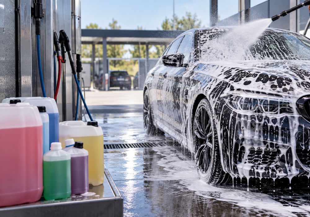 Detergent auto profesional utilizat într-o spălătorie auto self service